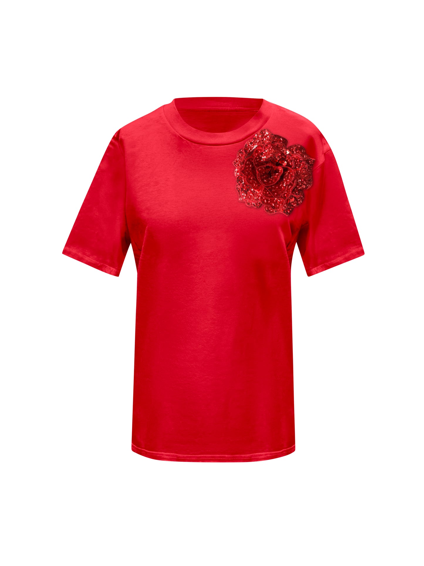 Red Cotton T-Shirt With Sequin Flower