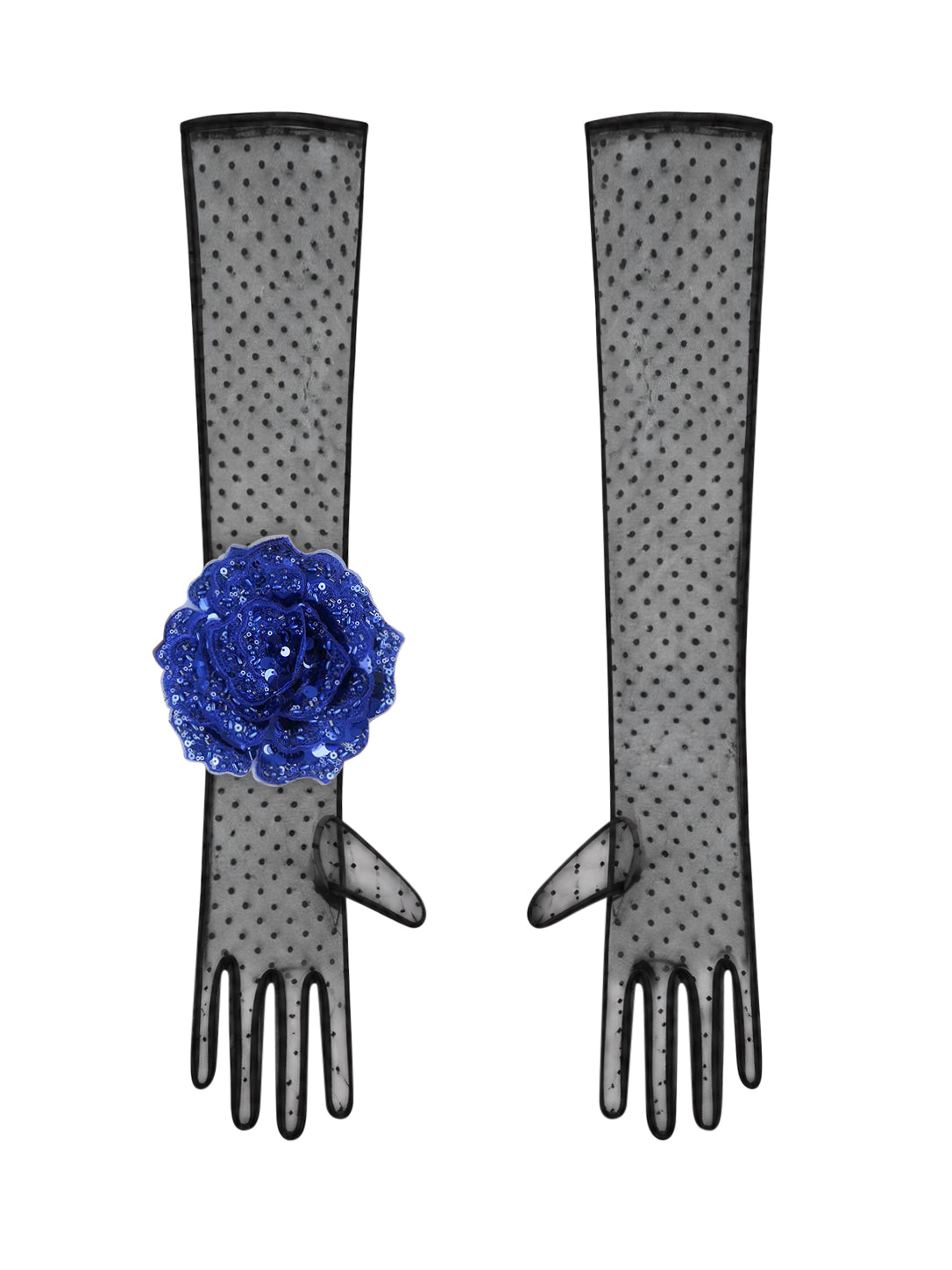 Long Black Polka Dot Gloves With Royal Blue Sequin Rose