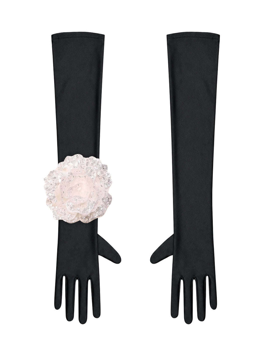 Black Evening Gloves With White Sequin Rose