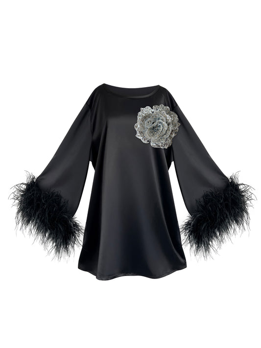 Jess Mini Little Black Party Dress With Silver Sequin Flower