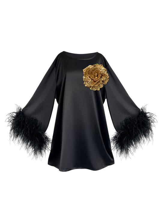 Jess Mini Little Black Party Dress With Gold Sequin Flower