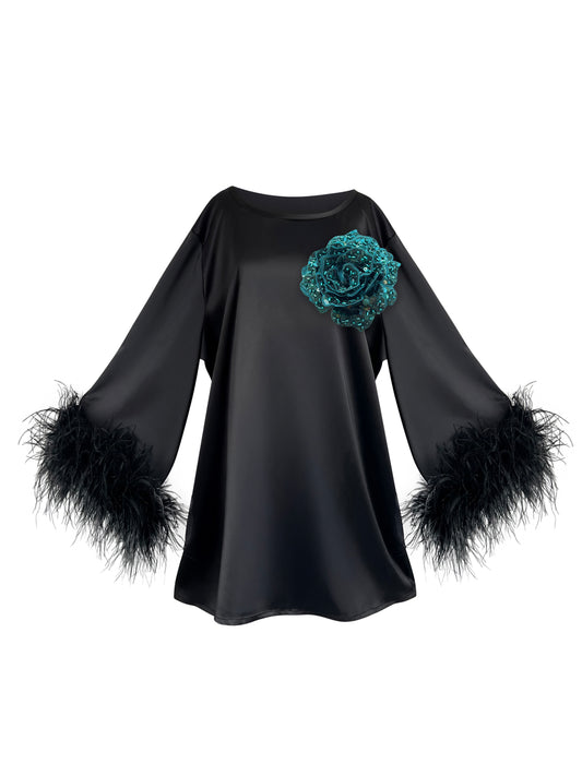 Jess Mini Little Black Party Dress With Green Sequin Flower
