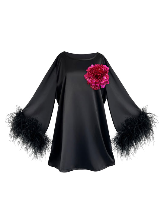Jess Mini Little Black Party Dress With Fuchsia Sequin Flower