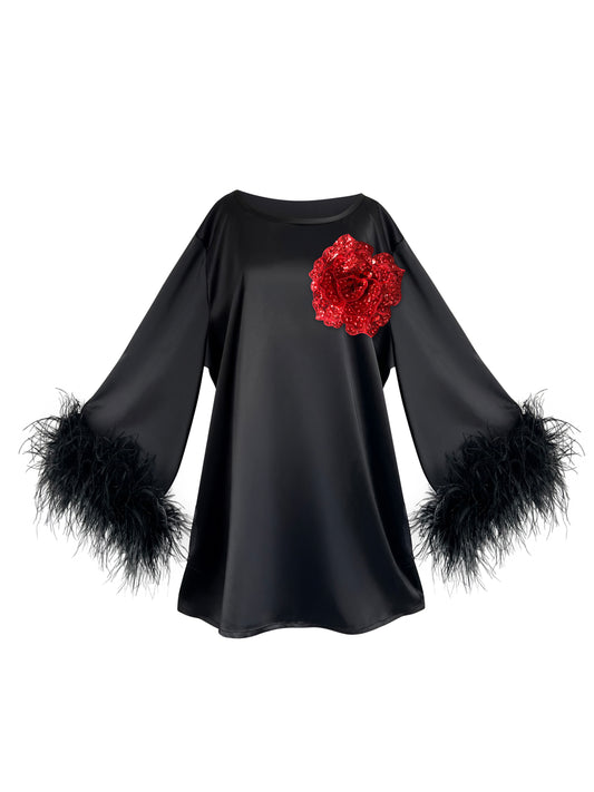 Jess Mini Little Black Party Dress With Red Sequin Flower