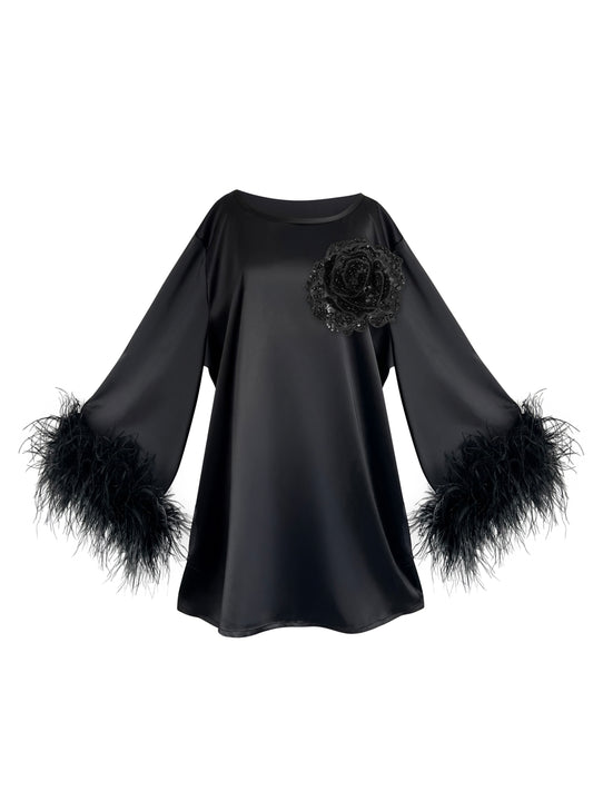 Jess Mini Little Black Party Dress With Black Sequin Flower