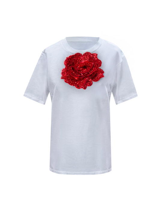 Summer Cotton T-Shirt With Red Sequin Rose
