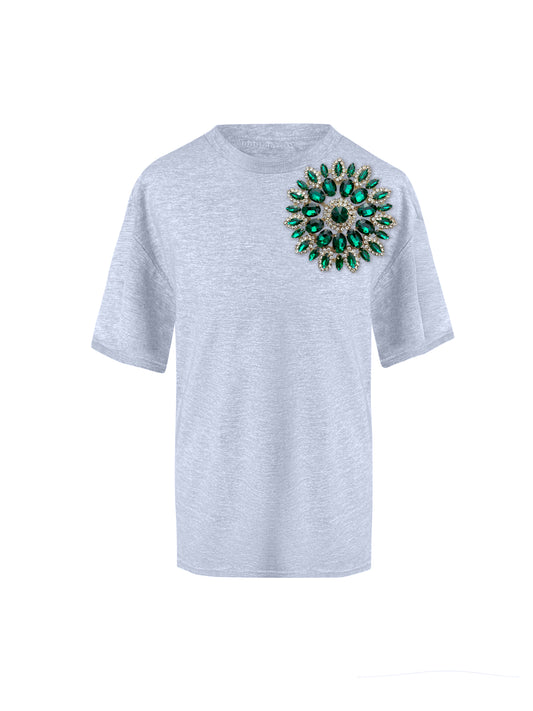Grey Cotton T-Shirt With Swarovski Crystals