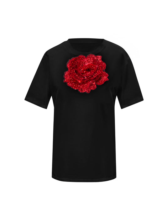 Summer Black Cotton T-Shirt With Gold Sequin Rose