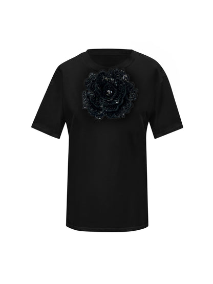 Summer Black Cotton T-Shirt With Black Central Rose