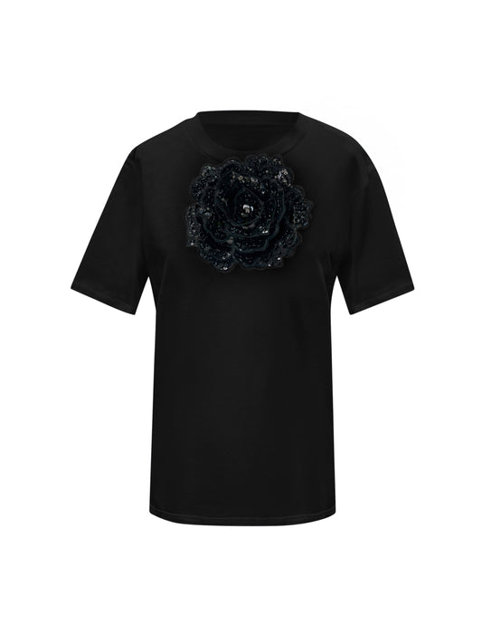 Summer Black Cotton T-Shirt With Black Central Rose