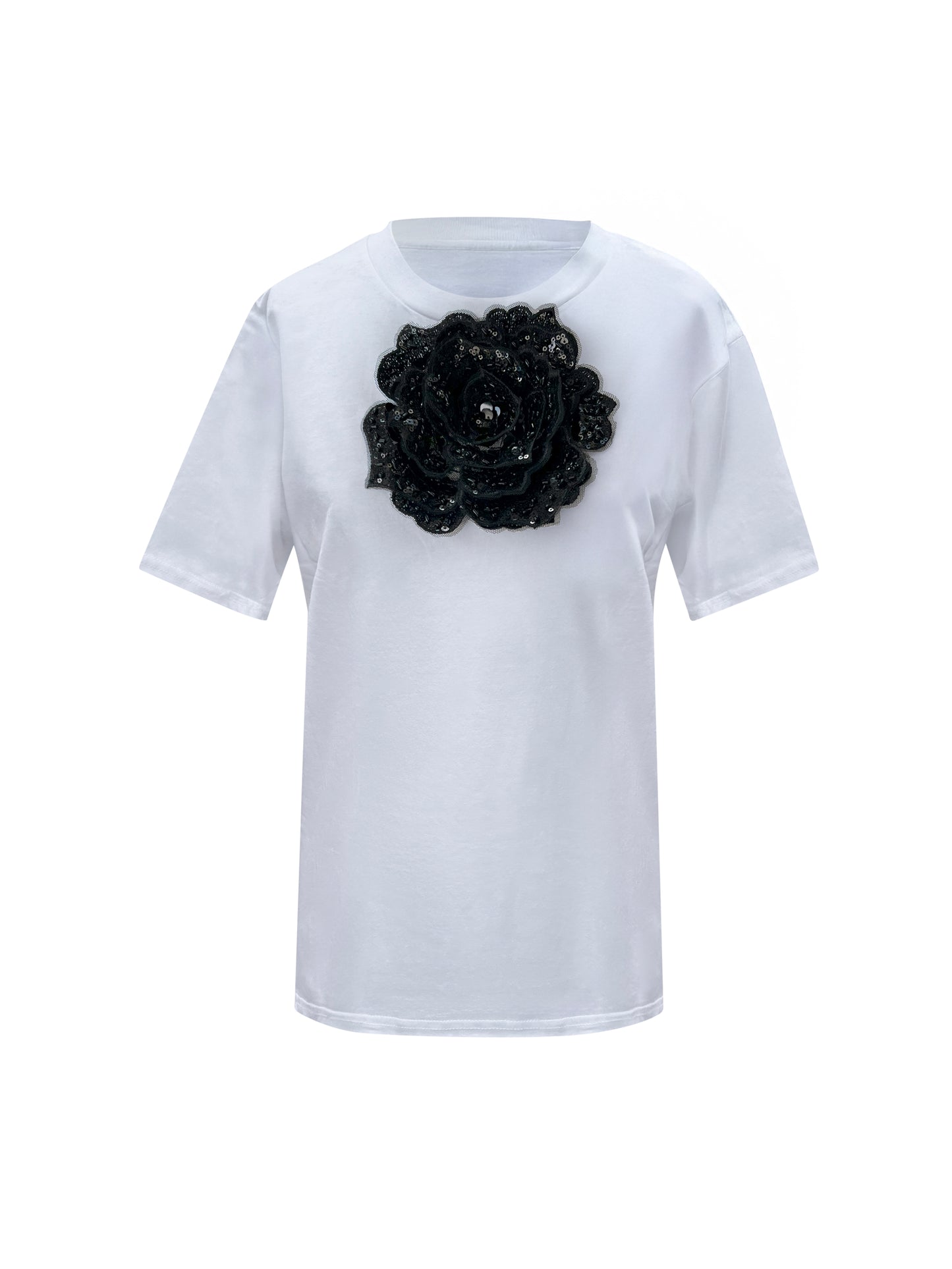 Summer Cotton T-Shirt With Black Middle Sequin Rose