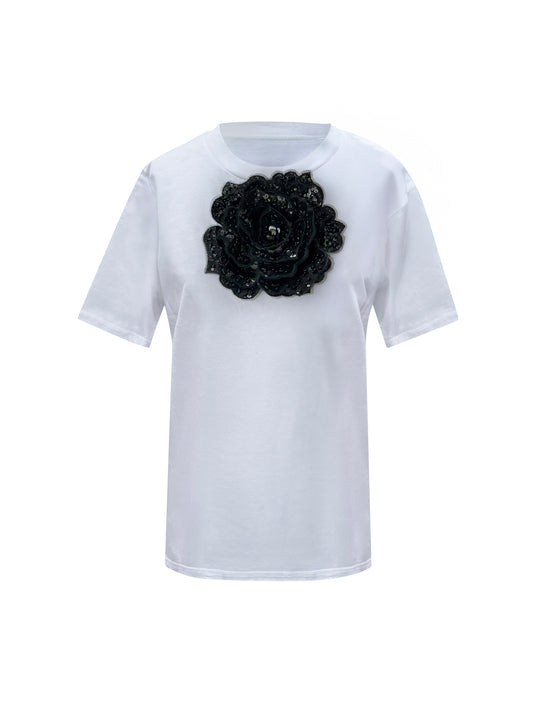 Summer Cotton T-Shirt With Black Middle Sequin Rose