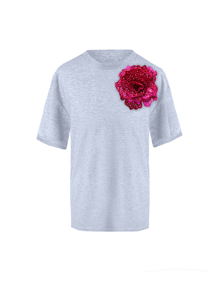 Grey Cotton T-Shirt With Sequin Flower