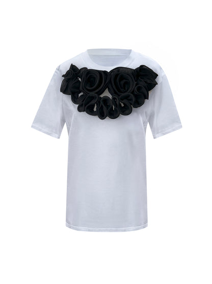Black Middle Large Rose Summer Cotton T-Shirt