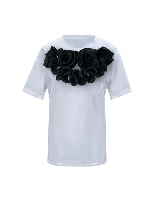 Black Middle Large Rose Summer Cotton T-Shirt