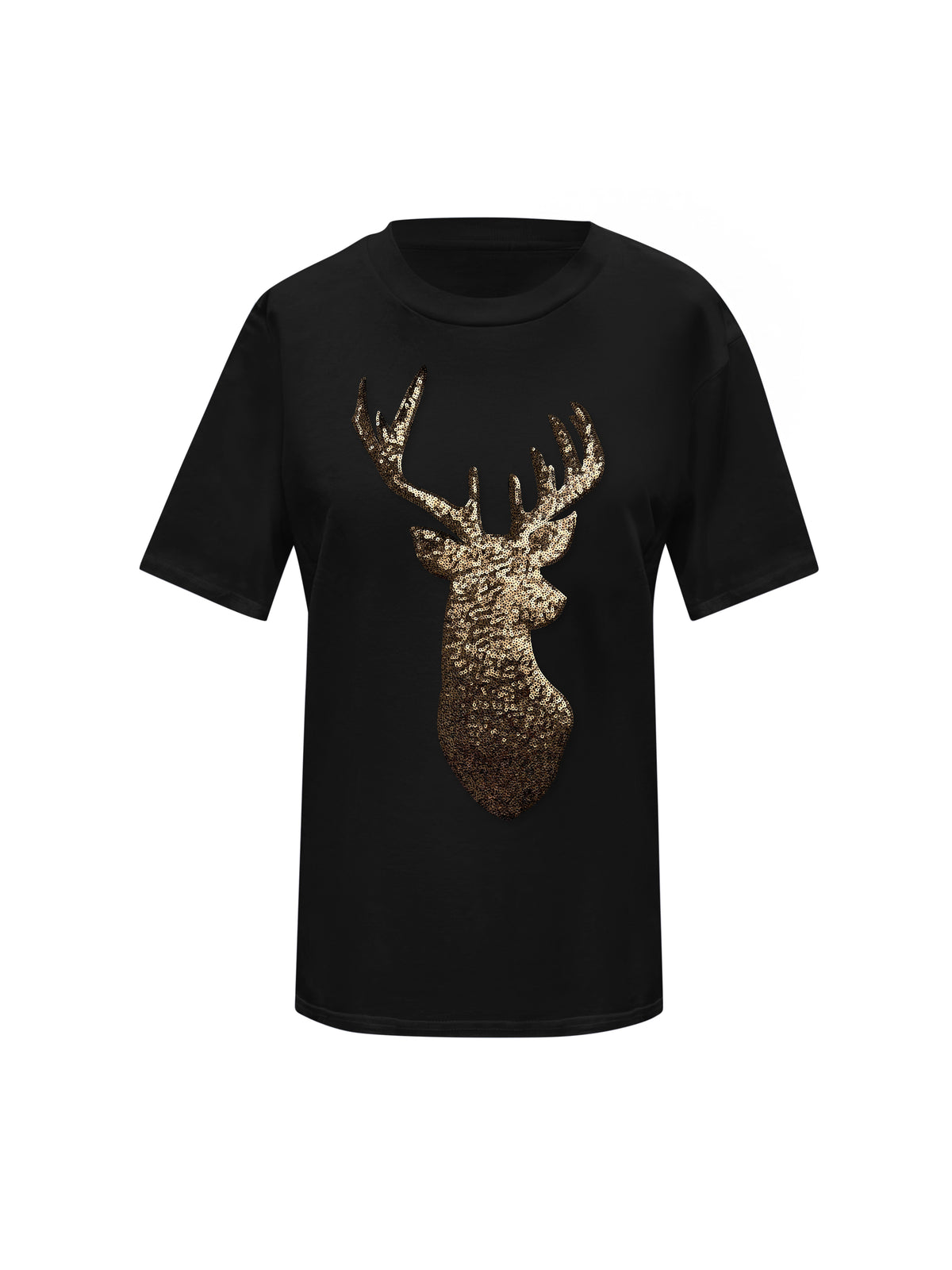 Gold Reindeer Christmas Sequin Black T-Shirt