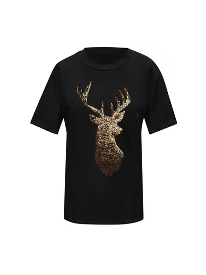 Gold Reindeer Christmas Sequin Black T-Shirt