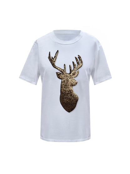 Gold Reindeer Christmas Sequin White T-Shirt