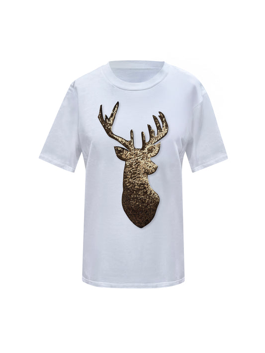 Gold Reindeer Christmas Sequin White T-Shirt