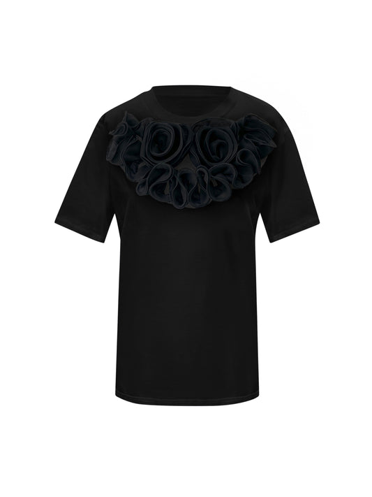 Black Middle Large Rose Summer Black Cotton T-Shirt