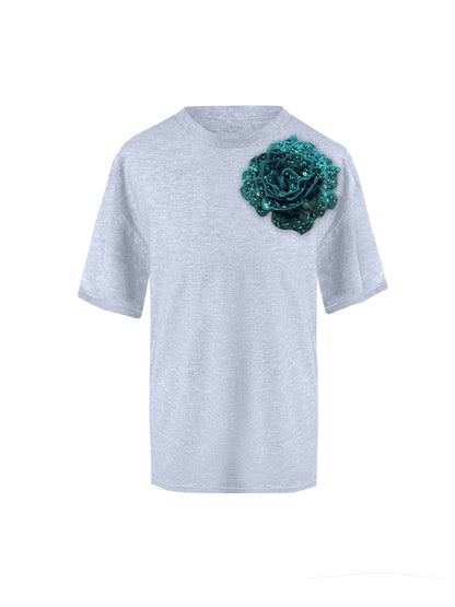 Grey Cotton T-Shirt With Sequin Flower