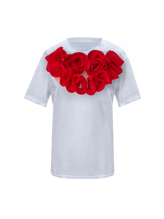 Red Middle Large Rose Summer Cotton T-Shirt