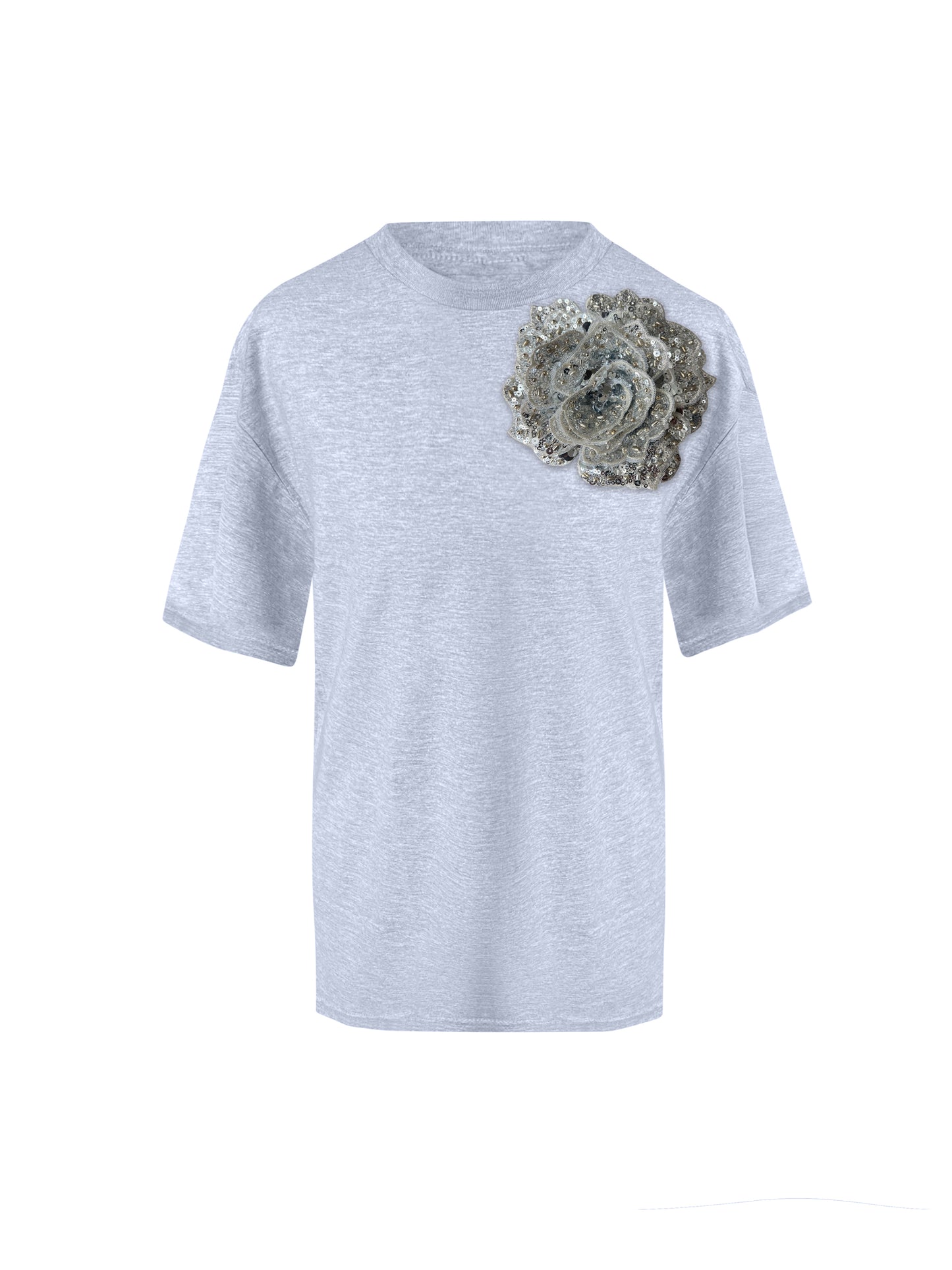 Grey Cotton T-Shirt With Sequin Flower