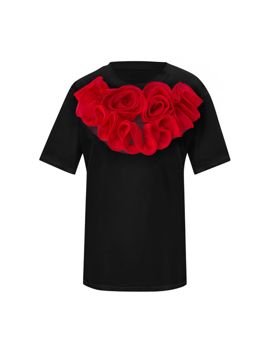 Red Middle Large Rose Black Cotton T-Shirt