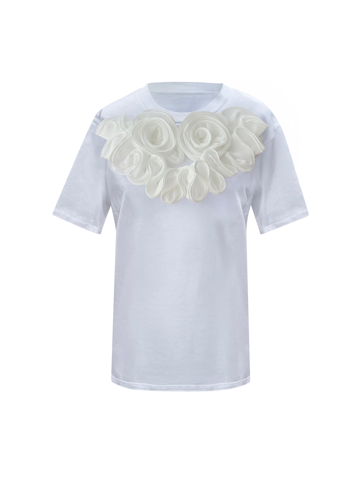 White Middle Large Rose Summer Cotton T-Shirt