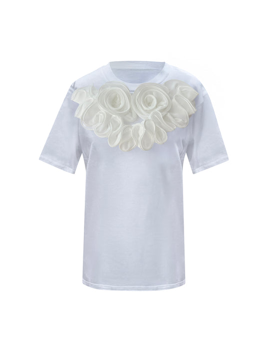 White Middle Large Rose Summer Cotton T-Shirt