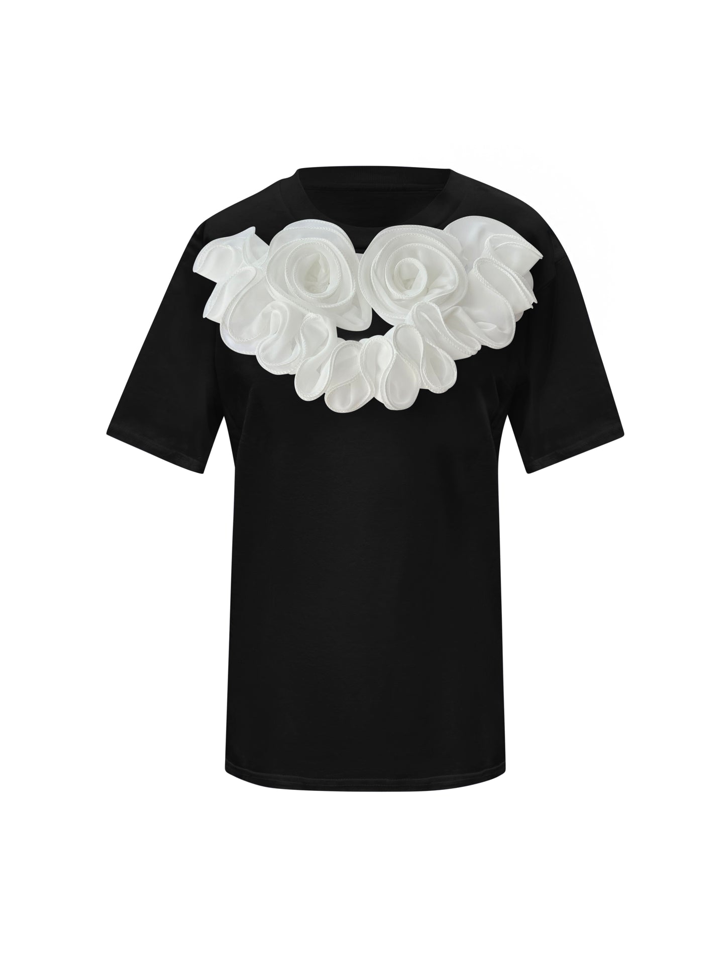 White Middle Large Rose Black Cotton T-Shirt