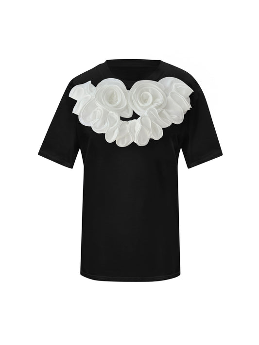 White Middle Large Rose Black Cotton T-Shirt