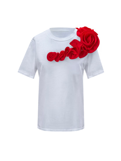 Red Rose Summer One Shoulder Cotton T-Shirt