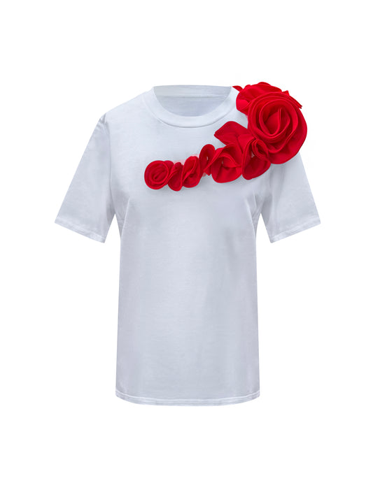 Red Rose Summer One Shoulder Cotton T-Shirt