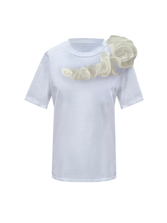White Rose Summer One Shoulder Cotton T-Shirt