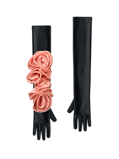 Chic Black Gloves With Peach Pink Roses