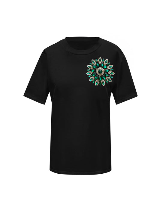 Black Cotton T-Shirt With Green Swarovski Crystals