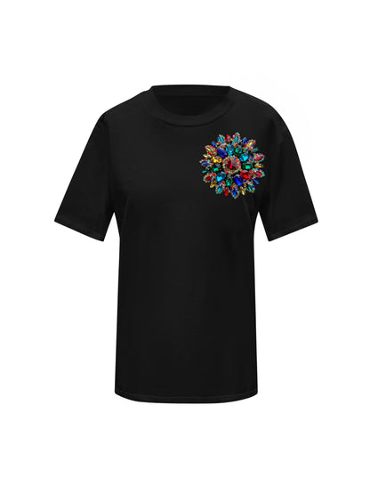 Black Cotton T-Shirt With Multi Swarovski Crystals