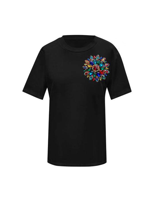 Black Cotton T-Shirt With Multi Swarovski Crystals