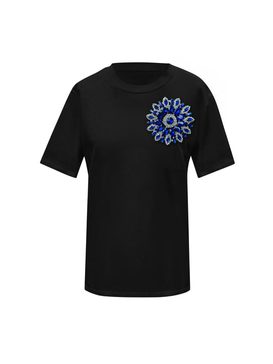 Black Cotton T-Shirt With Blue Swarovski Crystals
