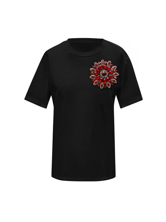 Black Cotton T-Shirt With Red Swarovski Crystals