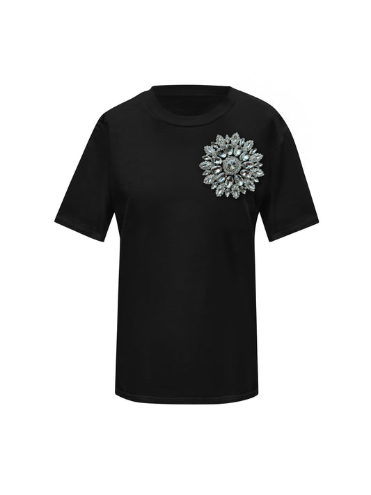 Black Cotton T-Shirt With Silver Swarovski Crystals