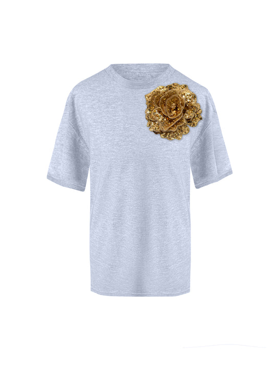 Grey Cotton T-Shirt With Sequin Flower