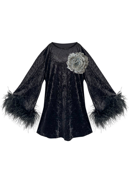 Jess Mini Little Black Velvet Dress Silver Flower