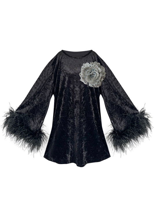 Jess Mini Little Black Velvet Dress Silver Flower