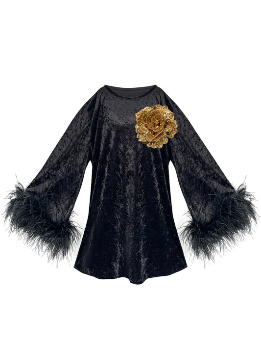 Jess Mini Little Black Velvet Dress Gold Flower