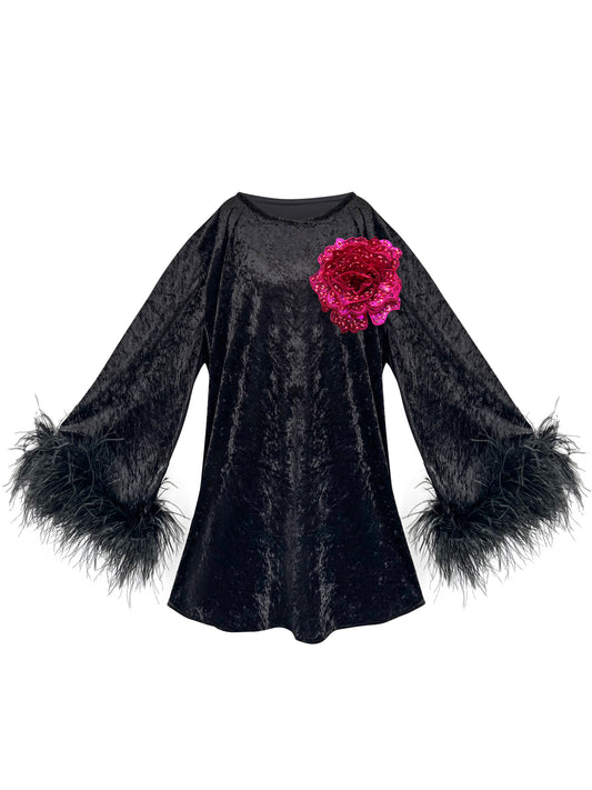 Jess Mini Little Black Velvet Dress Fuchsia Flower
