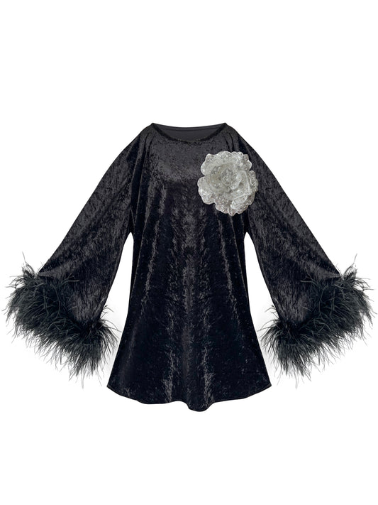 Jess Mini Little Black Velvet Dress White Flower