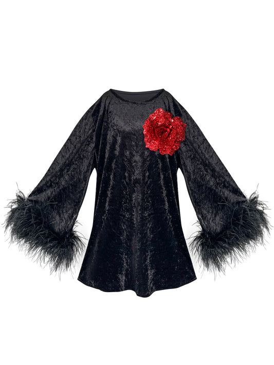 Jess Mini Little Black Velvet Dress Red Flower