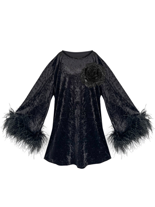 Jess Mini Little Black Velvet Dress Black Flower